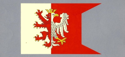 Flaga Powiatu Łęczyckiego z dwoma językami na wolnym liku