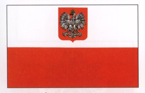 Flaga biało-czerwona z herbem pośrodku pasa białego