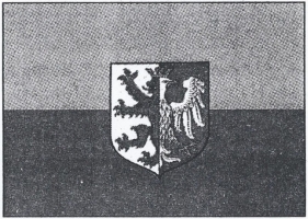 Flaga samorządu Wojew. Łódzkiego wg projektu R. Bonisławskiego” z 2000 r. z używanym de iure caduco herbem Woj. Łódzkiego