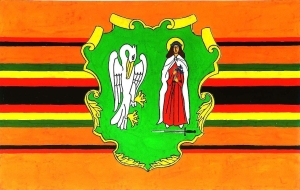 Flaga Wielka Powiatu Łowickiego (z motywem pasiaka z męskiego ubioru Księżaka Łowickiego)